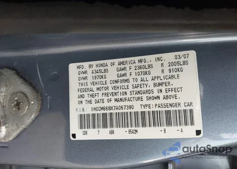 2007 Honda Accord 3.0 Ex from USA, damaged, VIN 1HGCM668X7A067390